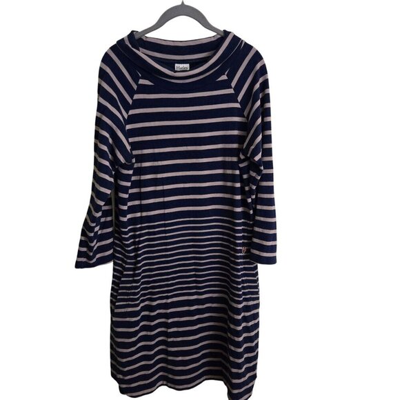 Hatley Navy Beige Draped Bateau Neck Striped Jersey Midi Dress Size L - Picture 1 of 6